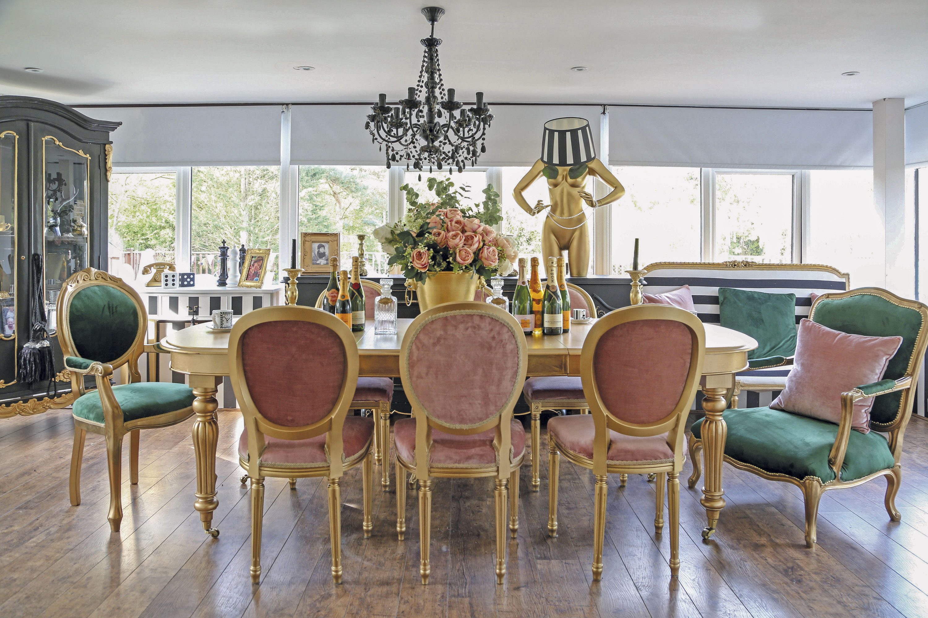‘I scored the dining table and seats from a second-hand website,’ Hayley says. ‘I upcycled them myself with metallic gold paint and velvet fabric, which I used to recover the chairs’ ‘I scored the dining table and seats from a second-hand website,’ Hayley says. ‘I upcycled them myself with metallic gold paint and velvet fabric, which I used to recover the chairs’