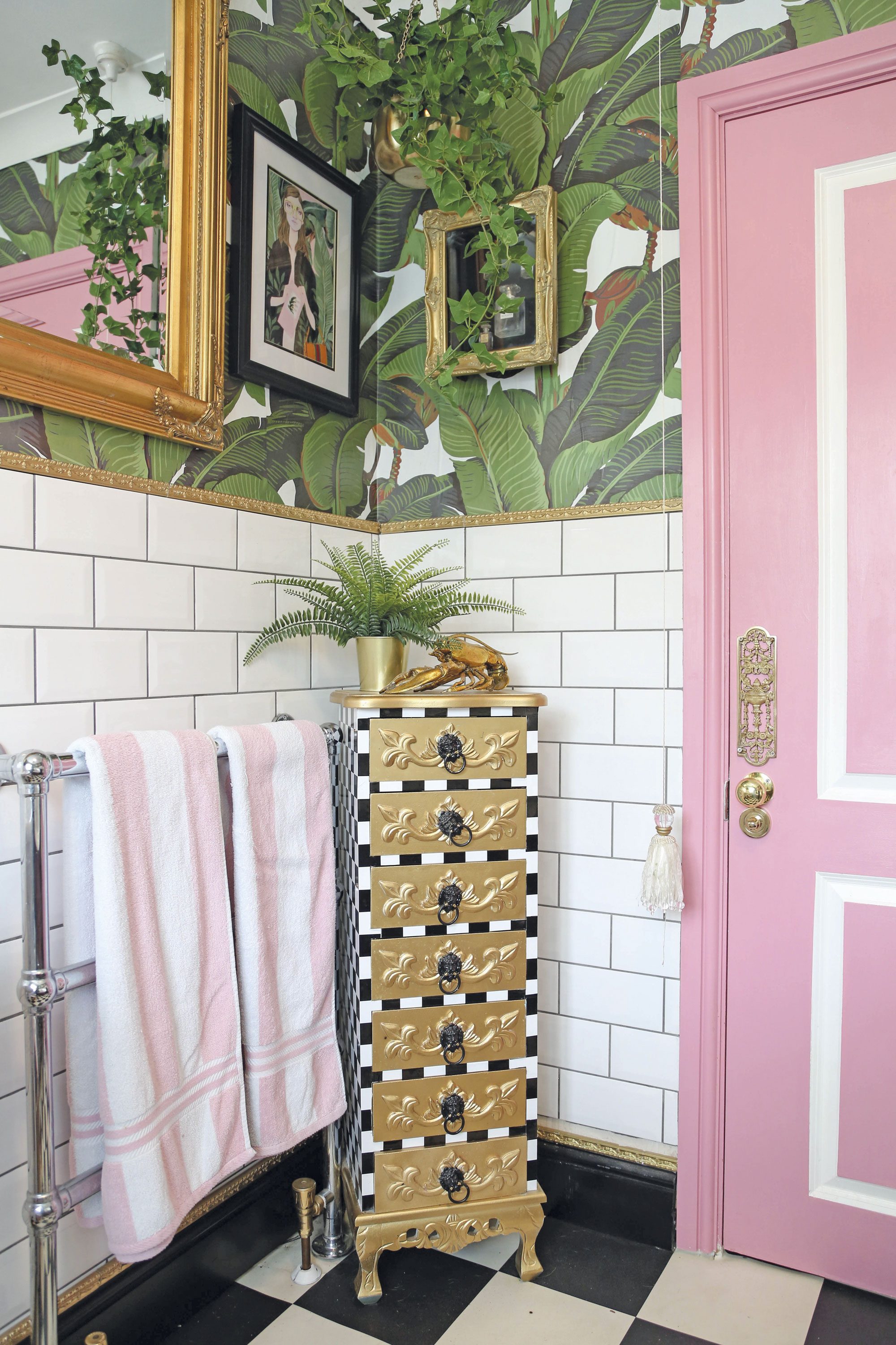 To give the tallboy a refresh, Hayley covered it with decorative sticky- back vinyl and painted the drawer fronts gold. She gave the door a lick of pink paint to reinforce the Beverly Hills theme To give the tallboy a refresh, Hayley covered it with decorative sticky- back vinyl and painted the drawer fronts gold. She gave the door a lick of pink paint to reinforce the Beverly Hills theme