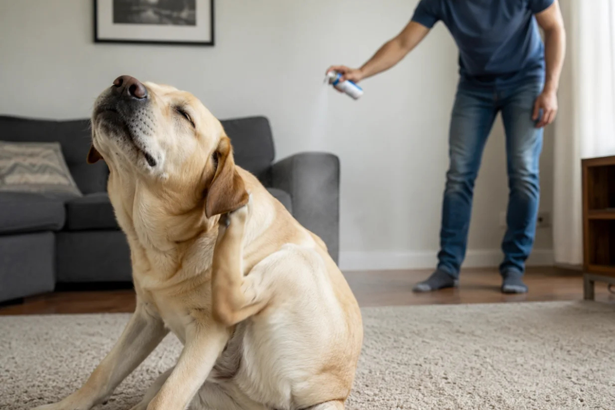 Dog itches its ear as owner uses flea spray in background.