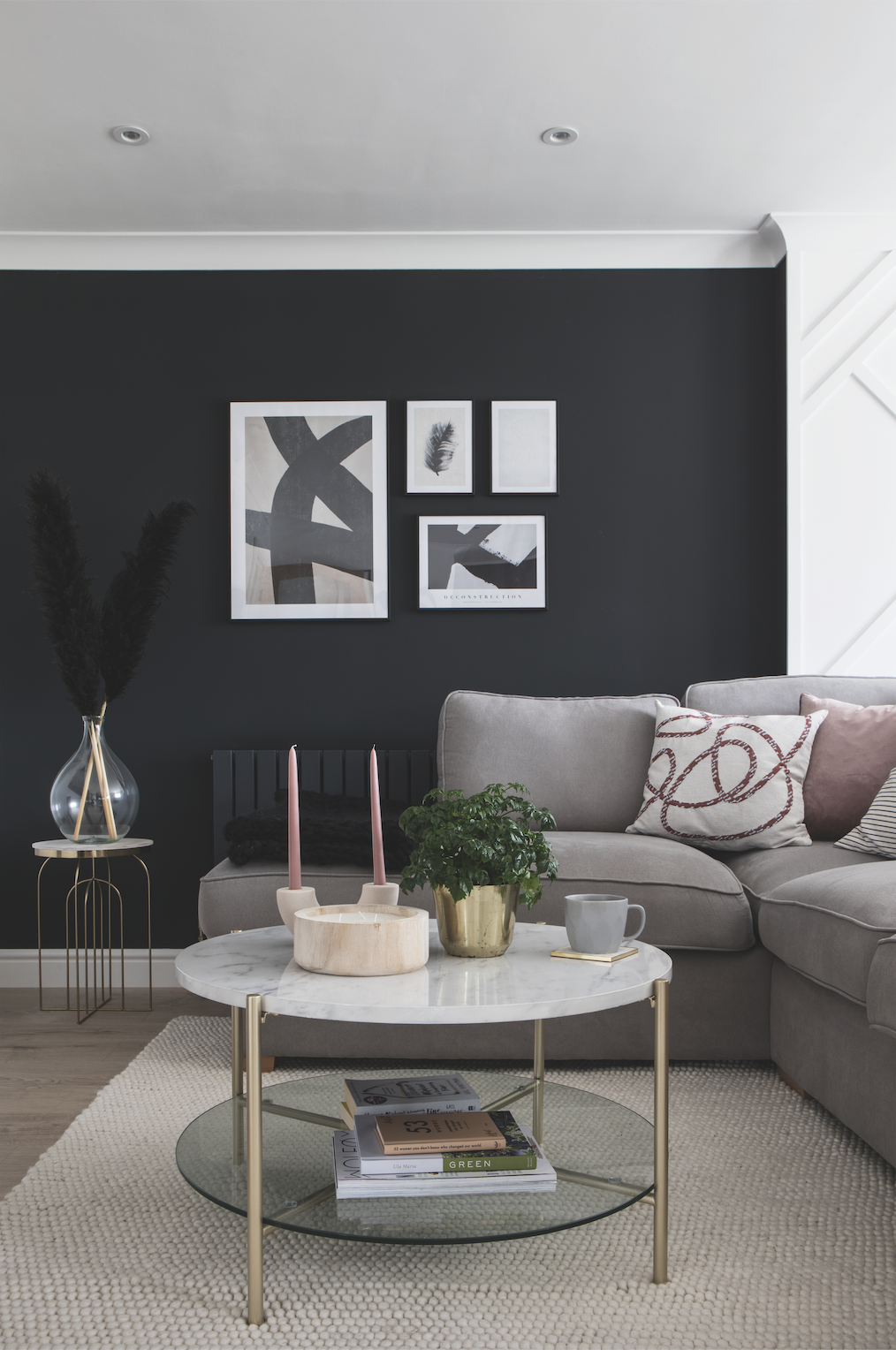 Becca has echoed her geometric wall panel with abstract lines and curves on cushions, accessories and prints and matched the marble-effect kitchen worktop with a sleek coffee table to tie it all together Becca has echoed her geometric wall panel with abstract lines and curves on cushions, accessories and prints and matched the marble-effect kitchen worktop with a sleek coffee table to tie it all together