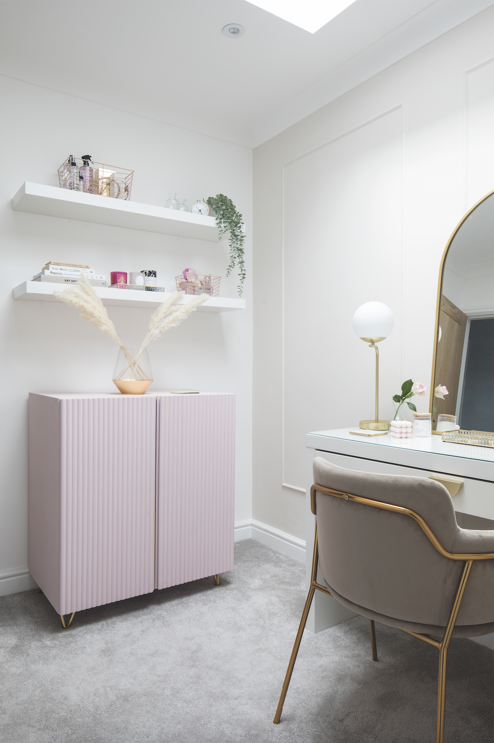 ‘Originally, the guest bedroom walls were pinky-brown, but when it became my office, I didn’t find it very relaxing,’ says Becca. ‘We made wall panels with beading and painted in Coty 1, a nude shade by Decorating Centre Online – now the room feels more like us’ ‘Originally, the guest bedroom walls were pinky-brown, but when it became my office, I didn’t find it very relaxing,’ says Becca. ‘We made wall panels with beading and painted in Coty 1, a nude shade by Decorating Centre Online – now the room feels more like us’