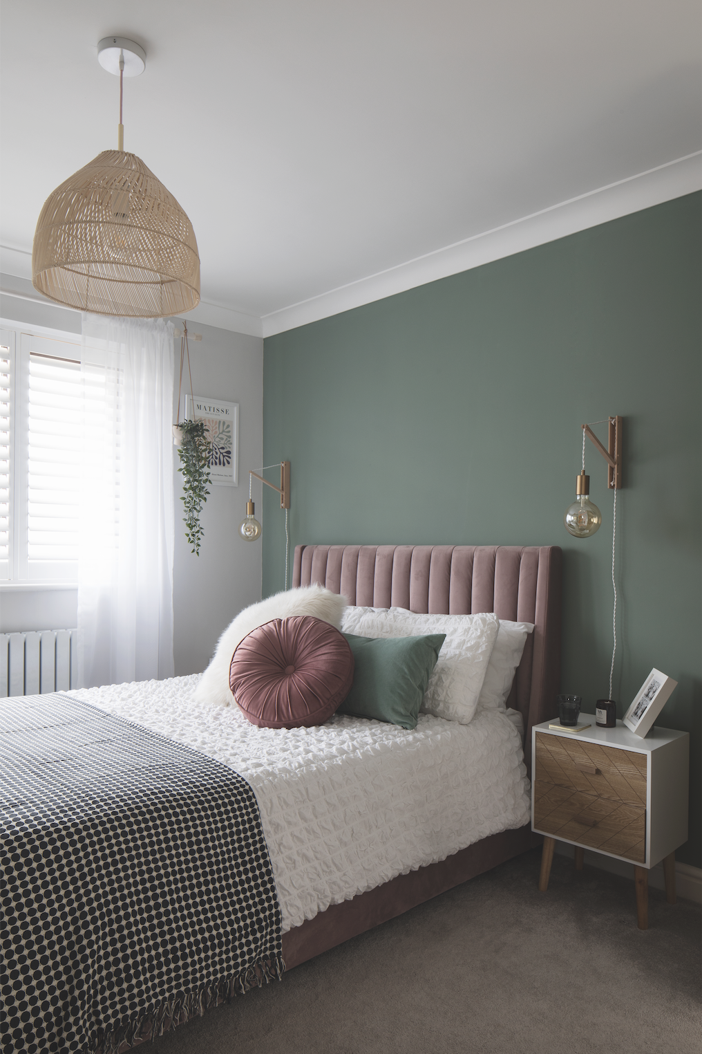 Becca’s bedroom centrepiece is her velvet bed, which makes the room feel ultra-luxurious. ‘The dusty pink bed was inspired by @lustliving and I knew it would look lovely against the green wall,’ she says Becca’s bedroom centrepiece is her velvet bed, which makes the room feel ultra-luxurious. ‘The dusty pink bed was inspired by @lustliving and I knew it would look lovely against the green wall,’ she says