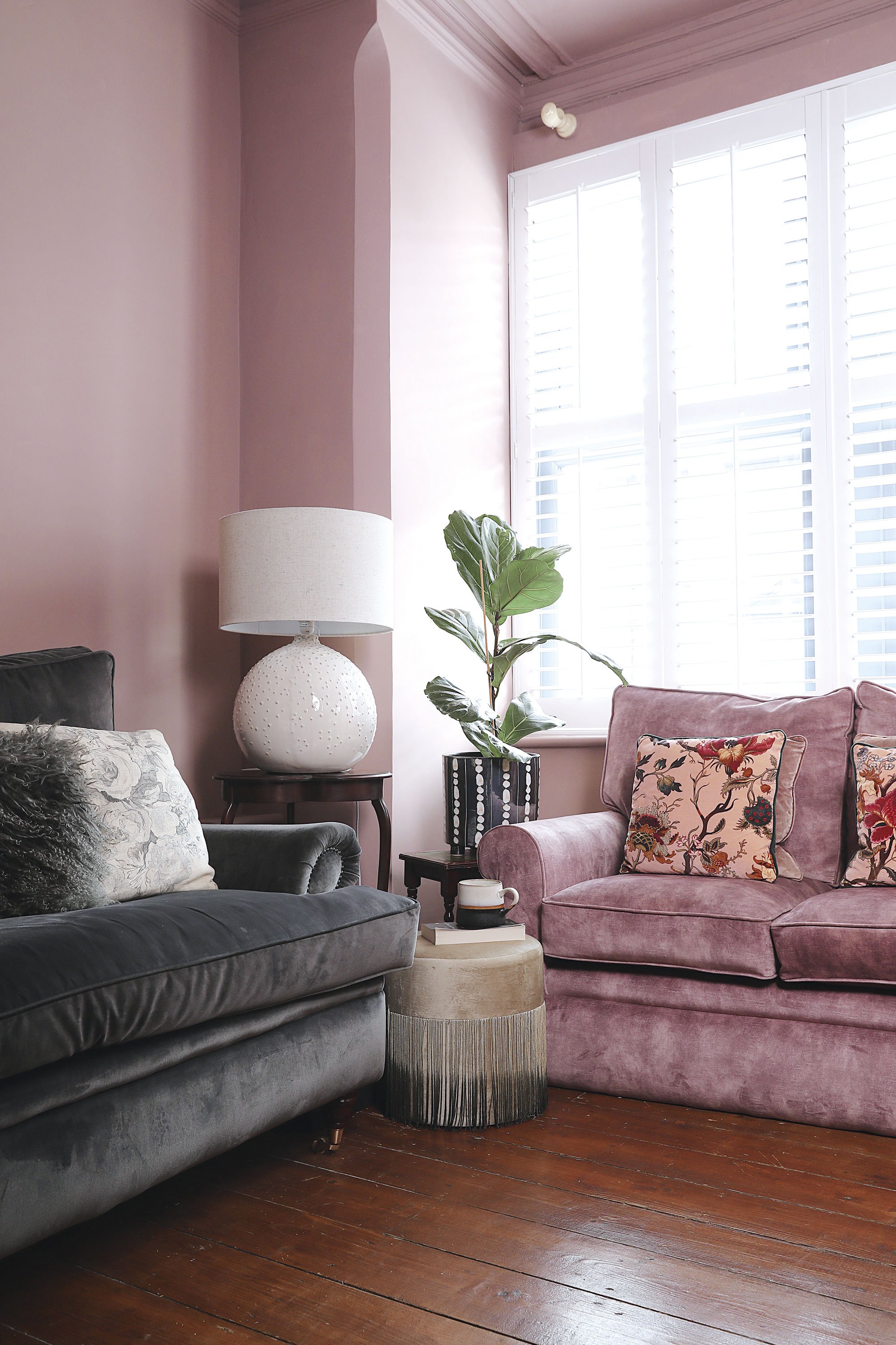 Home makeover: 'Our style is a modern take on traditional' ‘I’m always changing the furniture around, I’ve swapped the pink sofa and leopard chair around, as I like to work with what I’ve got rather than buying new stuff. My business offers an upholstery service, which is a great way of bringing second-hand sofas back to life. I’ve dressed them up with cushions from House of Hackney and Linwood, while the white lamp is by Abigail Ahern’