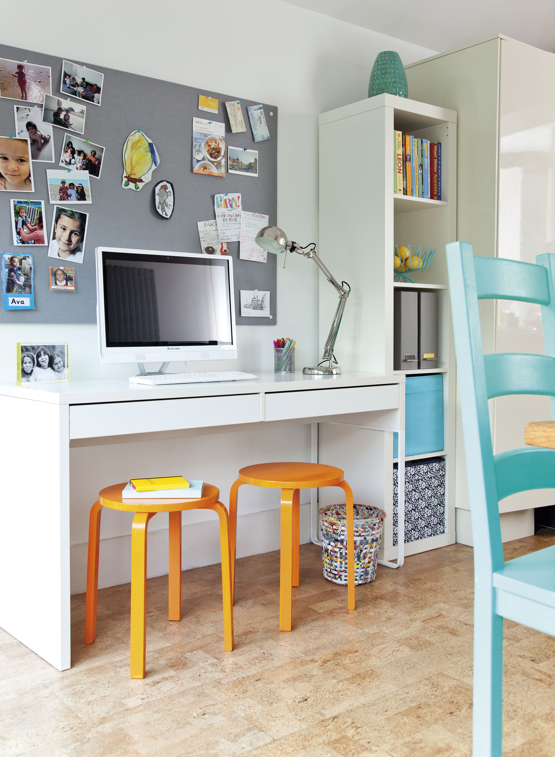 A kitchen desk area provides space for the computer and kids to do homework. The cork floor is a practical choice – it doesn’t show the dirt and is soft and warm underfoot. Cork is also an extremely sustainable resource as its harvest doesn’t require the felling of any trees A kitchen desk area provides space for the computer and kids to do homework. The cork floor is a practical choice – it doesn’t show the dirt and is soft and warm underfoot. Cork is also an extremely sustainable resource as its harvest doesn’t require the felling of any trees