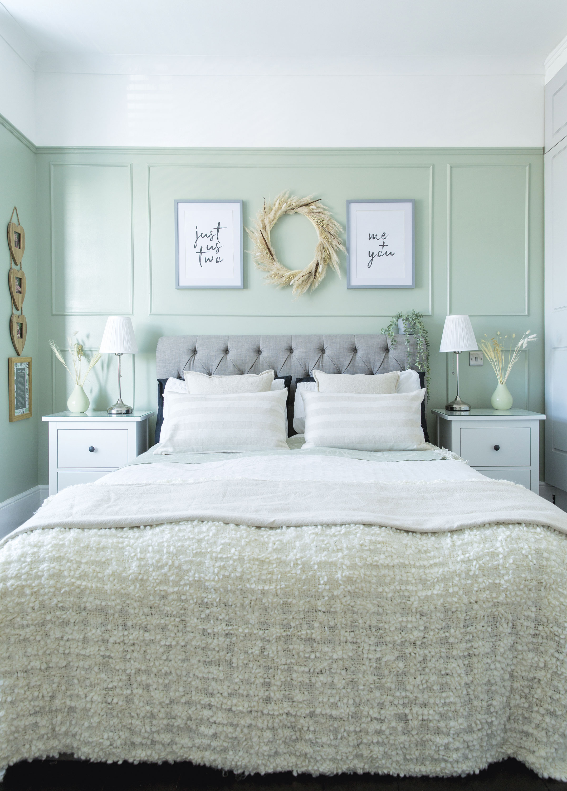 To highlight the height of the room, Lindsey stopped the panelling – which is painted in Tea Party by Valspar – at picture rail height. Textured bedding and crisp white linen add a fresh feel to the elegant space Home makeover: 'I knew it would be the perfect home'