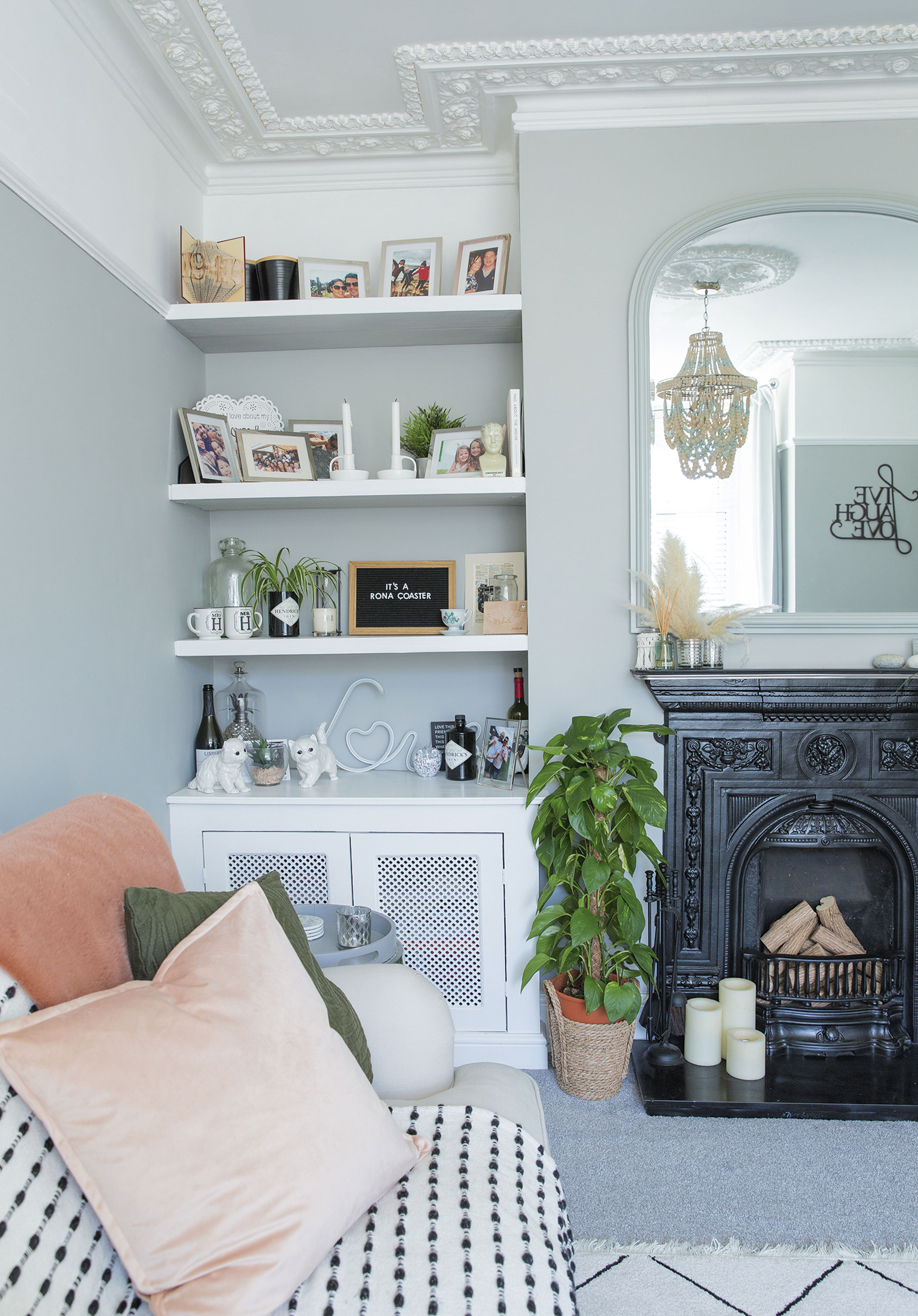 ‘We kept the original cornices on the ceiling as they add character to this room and complement the new Victorian-style fireplace. Some of the cornice design has been picked out with the trellis work on the cupboards. I found this stunning over-mantel mirror from John Lewis & Partners to finish off the room’ Home makeover: 'I knew it would be the perfect home'