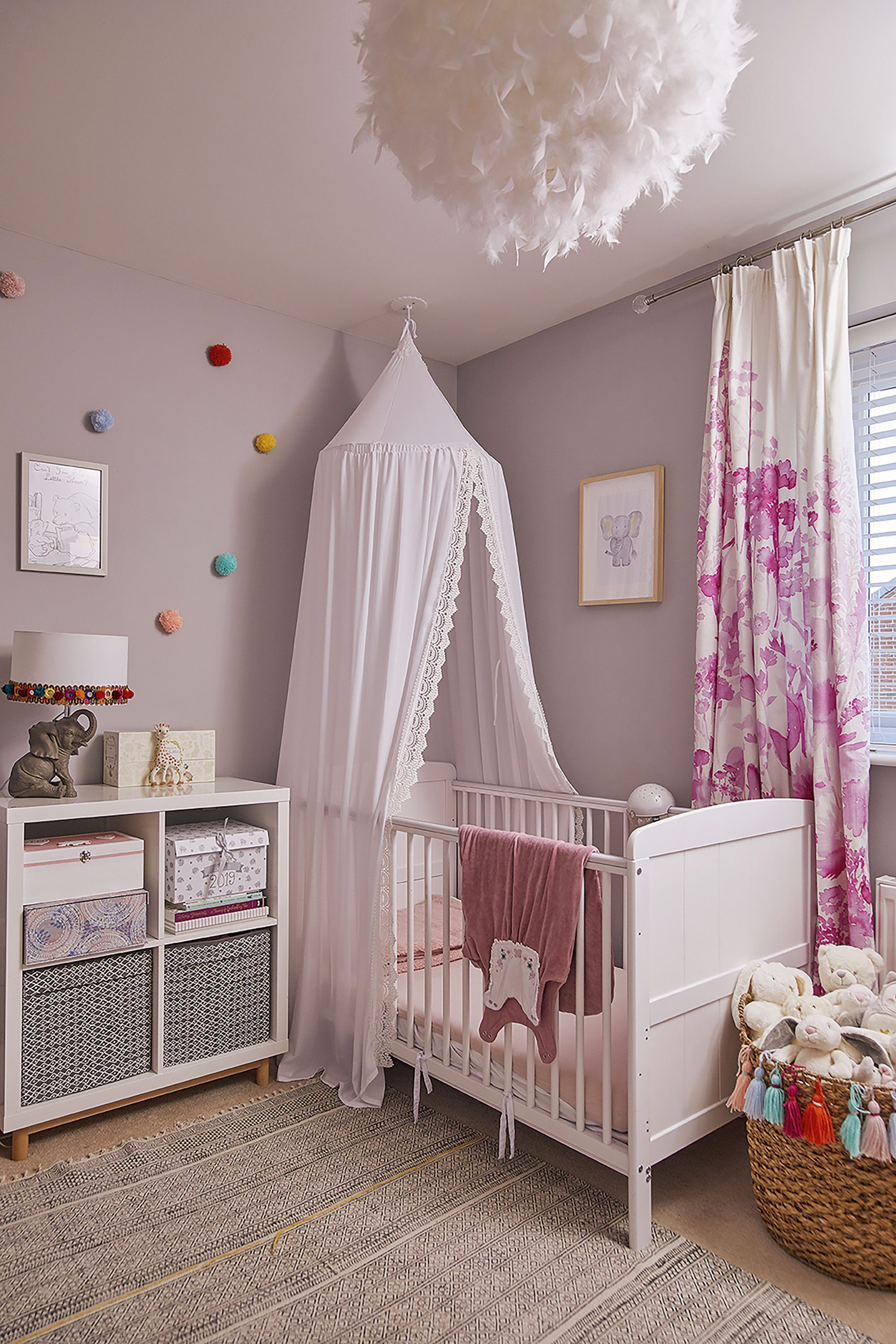 ‘The little tassels on Cleo’s toy basket look really effective but I just made them from cheap wool I spotted in Poundland. The curtains are from Bluebellgrey – the design reminds me of a watercolour painting’