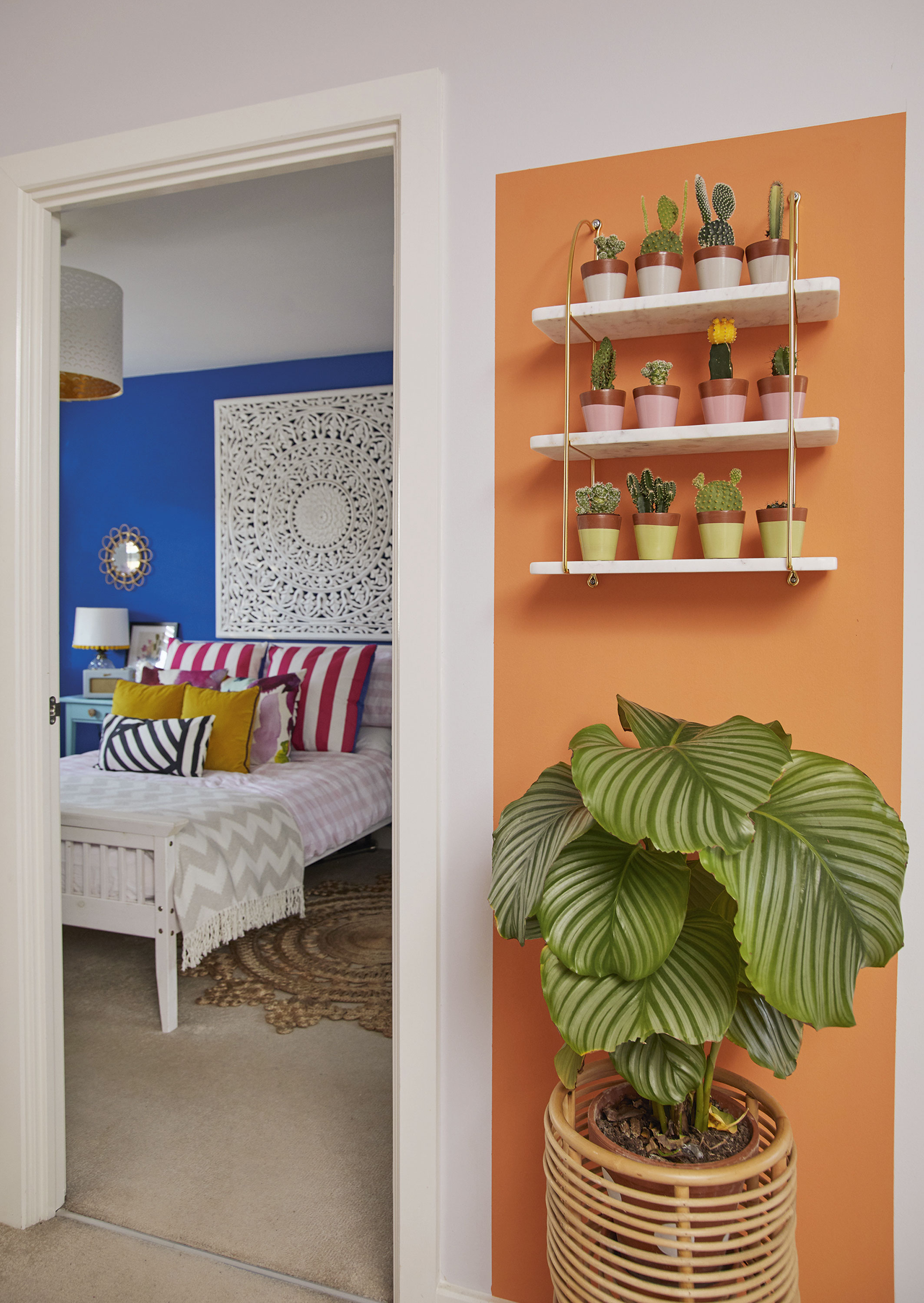 ‘The landing is really dark, so adding this colour block of orange brightens up the space and I love the clash with the blue. The shelves are from La Redoute and the cacti and plants are from a local garden centre – they were so cute that I just went mad and bought them all’ ‘The landing is really dark, so adding this colour block of orange brightens up the space and I love the clash with the blue. The shelves are from La Redoute and the cacti and plants are from a local garden centre – they were so cute that I just went mad and bought them all’