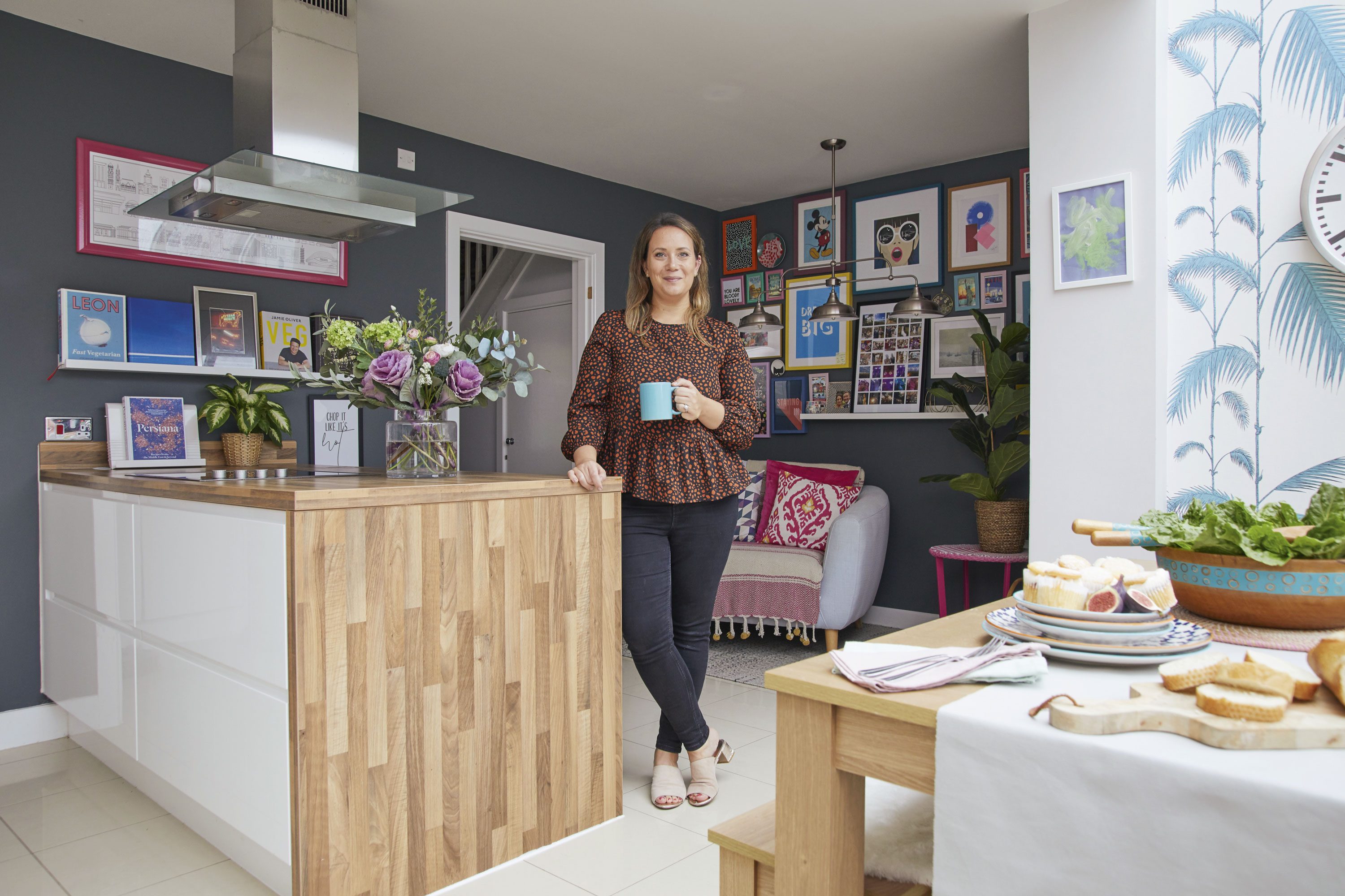 ‘This room is constantly changing. The dining table was originally under the pendant lights, but we moved it to be by the doors out to the garden, and then put the cuddle chair in the darker alcove to create a snug, which works better with the layout of the room. We’re also thinking of bringing the cocktail cabinet in here too’