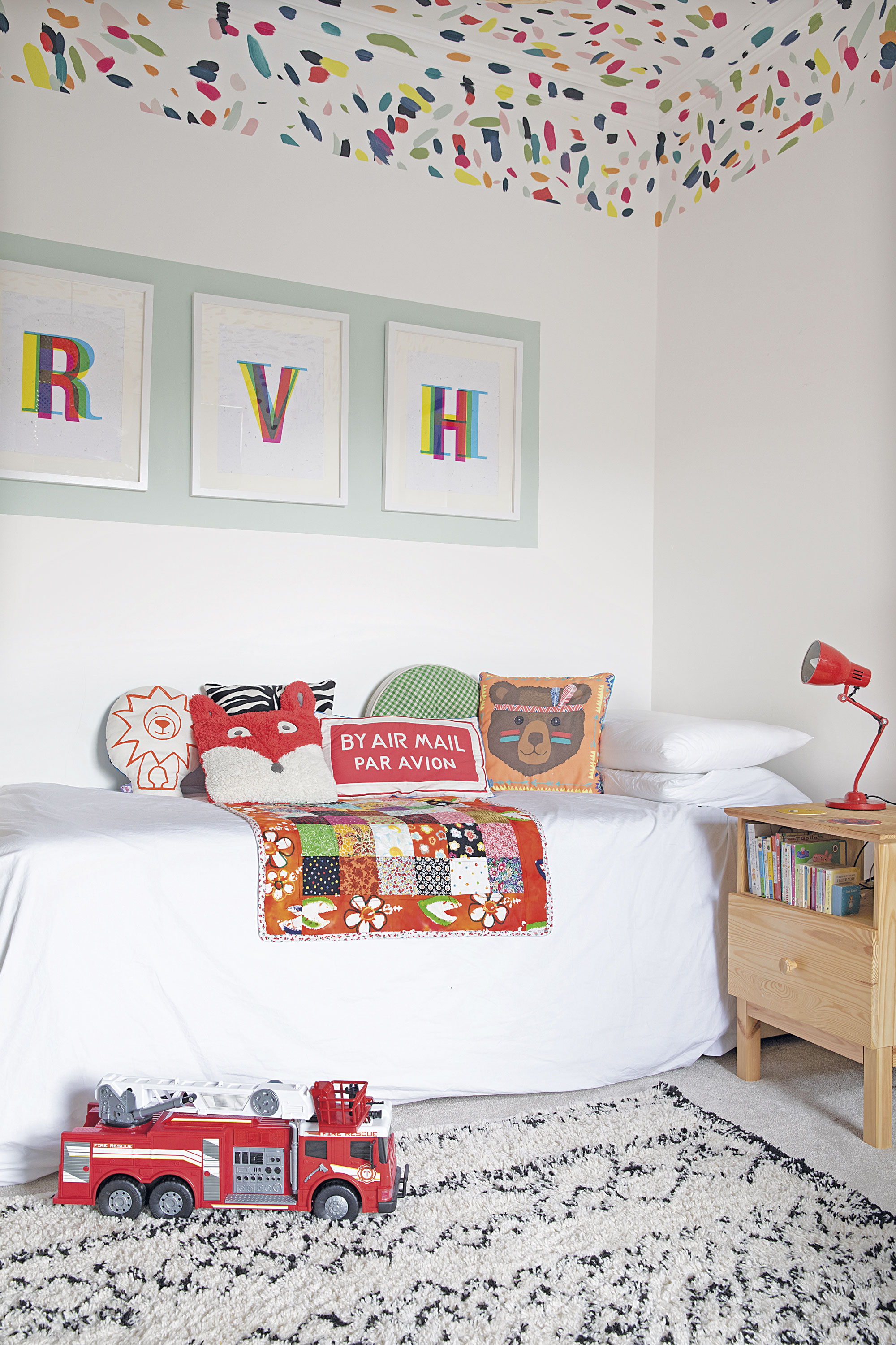 An eclectic mix of cushions – some made, some gifted – adorn the bed in Ralph’s room. ‘The quilt was a gift from my friend Miriam,’ says Sam. ‘I’d sourced 47 fabrics to wrap around the favours I made for my wedding and, unbeknown to me, she’d collected them up to make me a quilt’