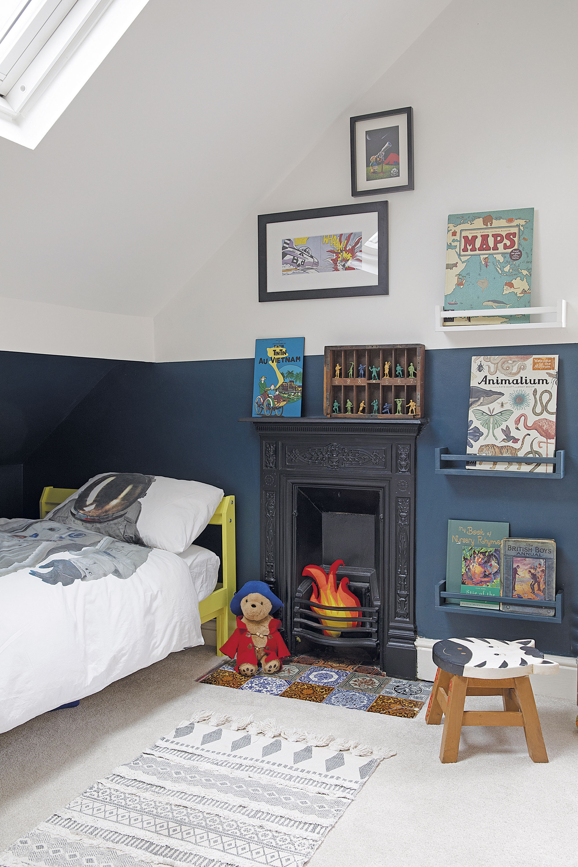 Sam turned IKEA spice racks into bookshelves and painted the bed frame in Yellowcake by Farrow & Ball. ’The printer’s tray was bought at a vintage market,’ says Sam. ‘It’s great for displaying Barnaby’s toy soldiers’ Sam turned IKEA spice racks into bookshelves and painted the bed frame in Yellowcake by Farrow & Ball. ’The printer’s tray was bought at a vintage market,’ says Sam. ‘It’s great for displaying Barnaby’s toy soldiers’
