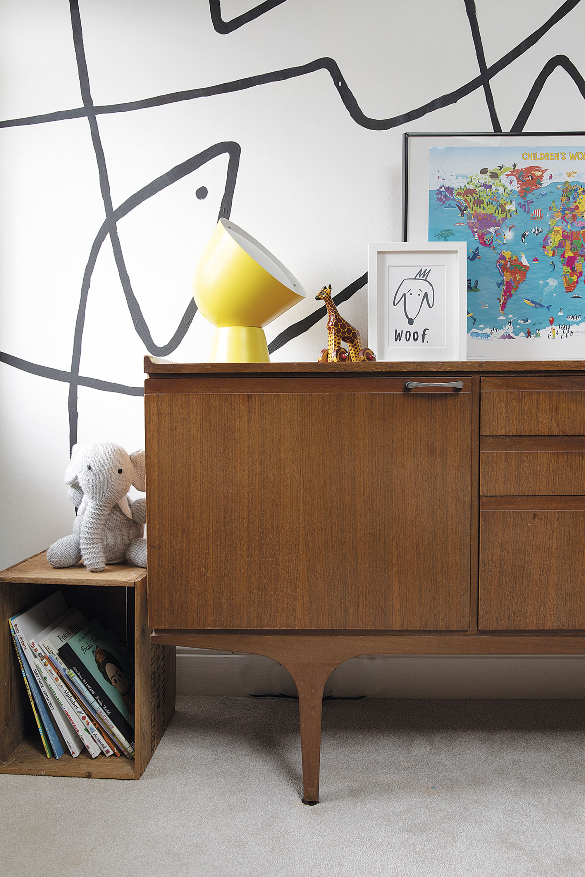 Sam painted the mural in Barnaby’s bedroom. The playful monochrome line design is simple to create and an effective way to add some unique character to a room