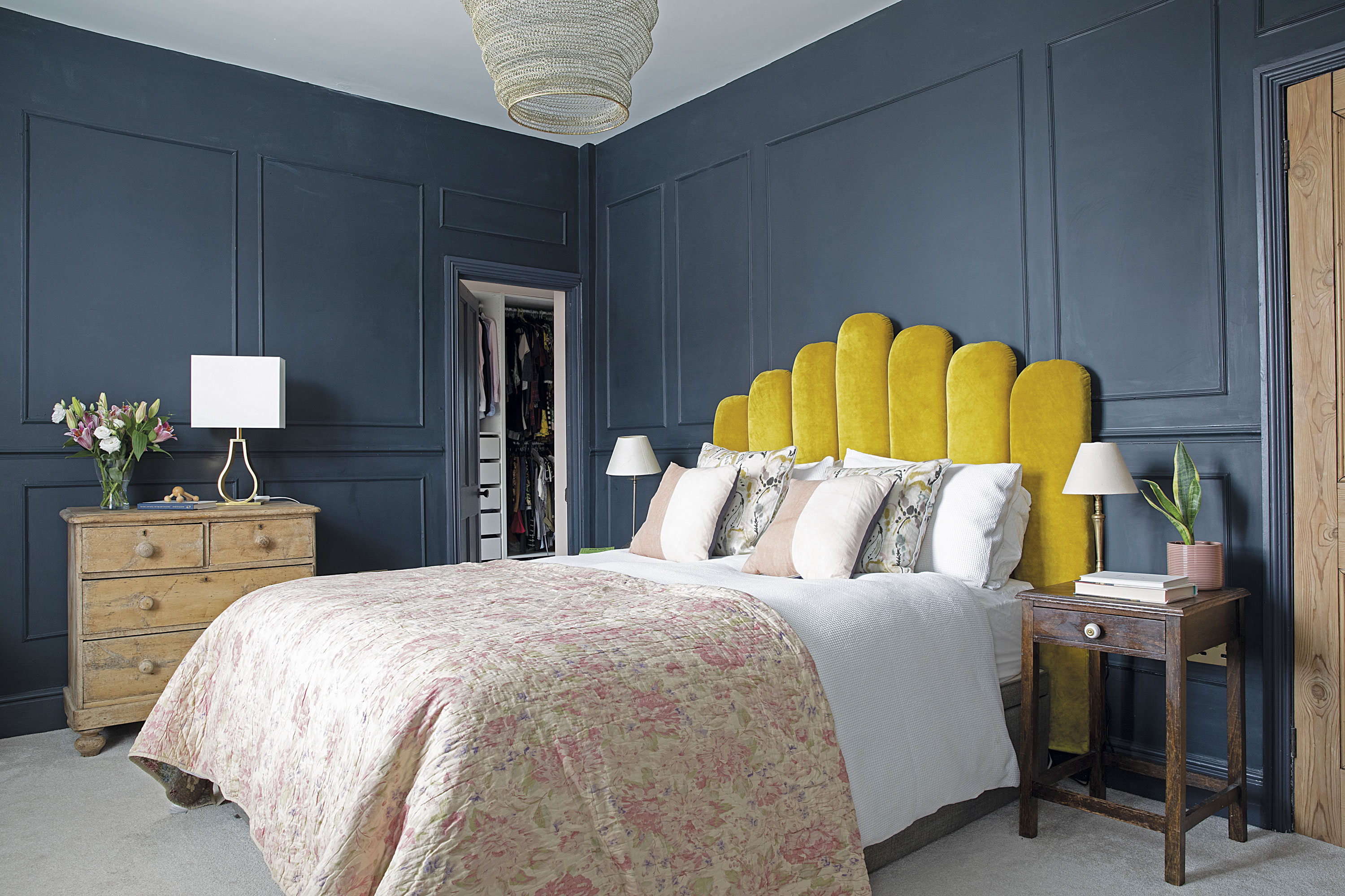 A John Lewis & Partners bedspread from their first home that has stood the test of time adds to the room’s vintage look and is complemented by the avocado-dyed linen cushions by Sami Couper A John Lewis & Partners bedspread from their first home that has stood the test of time adds to the room’s vintage look and is complemented by the avocado-dyed linen cushions by Sami Couper