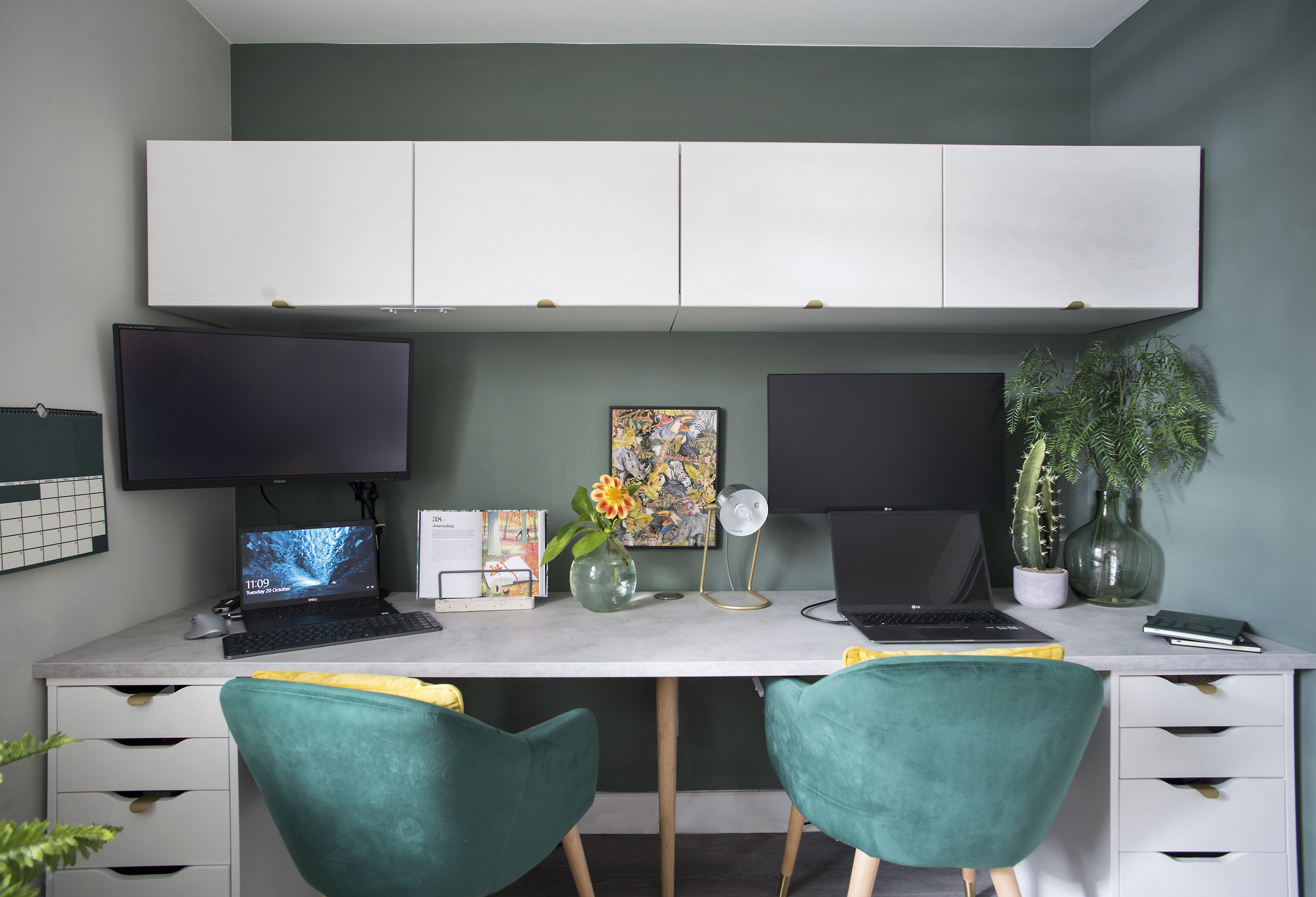 Lydia wanted the desk area to be symmetrical, and comfortable for both her and Peter to use at the same time. She chose twin green velvet chairs for their supportive shape and plush look Lydia wanted the desk area to be symmetrical, and comfortable for both her and Peter to use at the same time. She chose twin green velvet chairs for their supportive shape and plush look