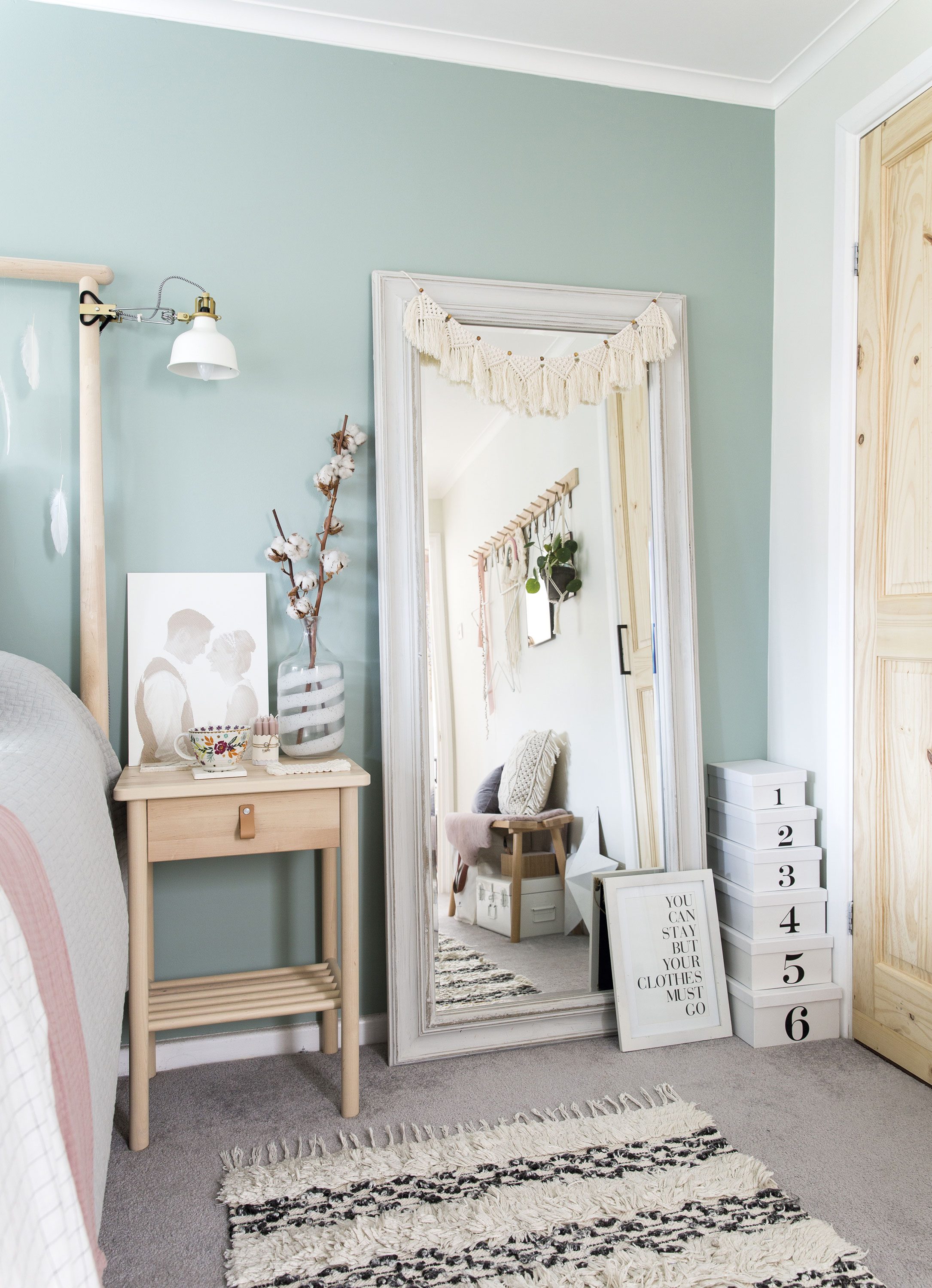 Marnie chose a full-length mirror, which she’s leant against the wall, allowing her to move it around as and when she likes. A rustic rug and soft grey carpet add cosy comfort to the room Marnie chose a full-length mirror, which she’s leant against the wall, allowing her to move it around as and when she likes. A rustic rug and soft grey carpet add cosy comfort to the room