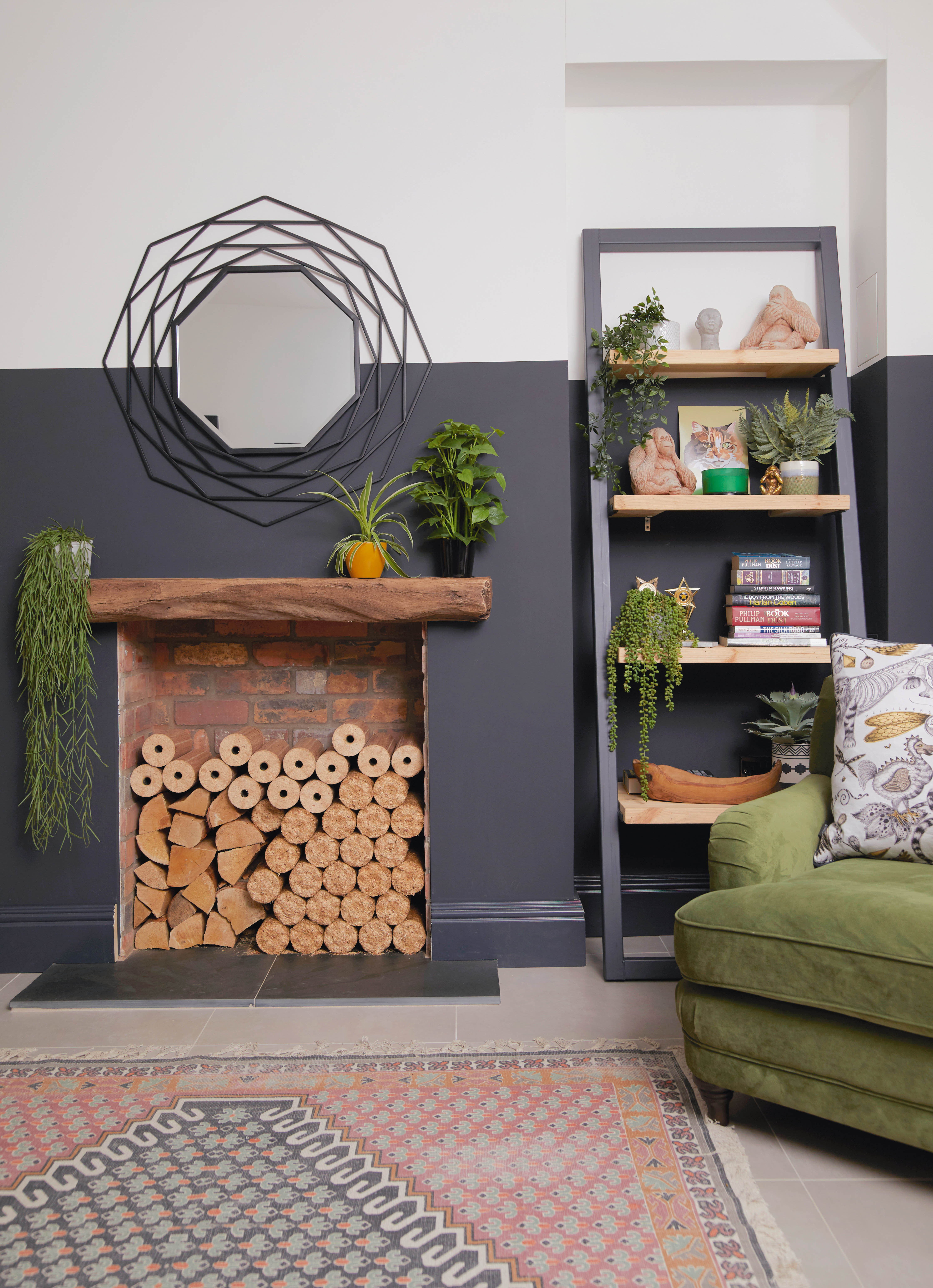 Snug room with fireplace and logs