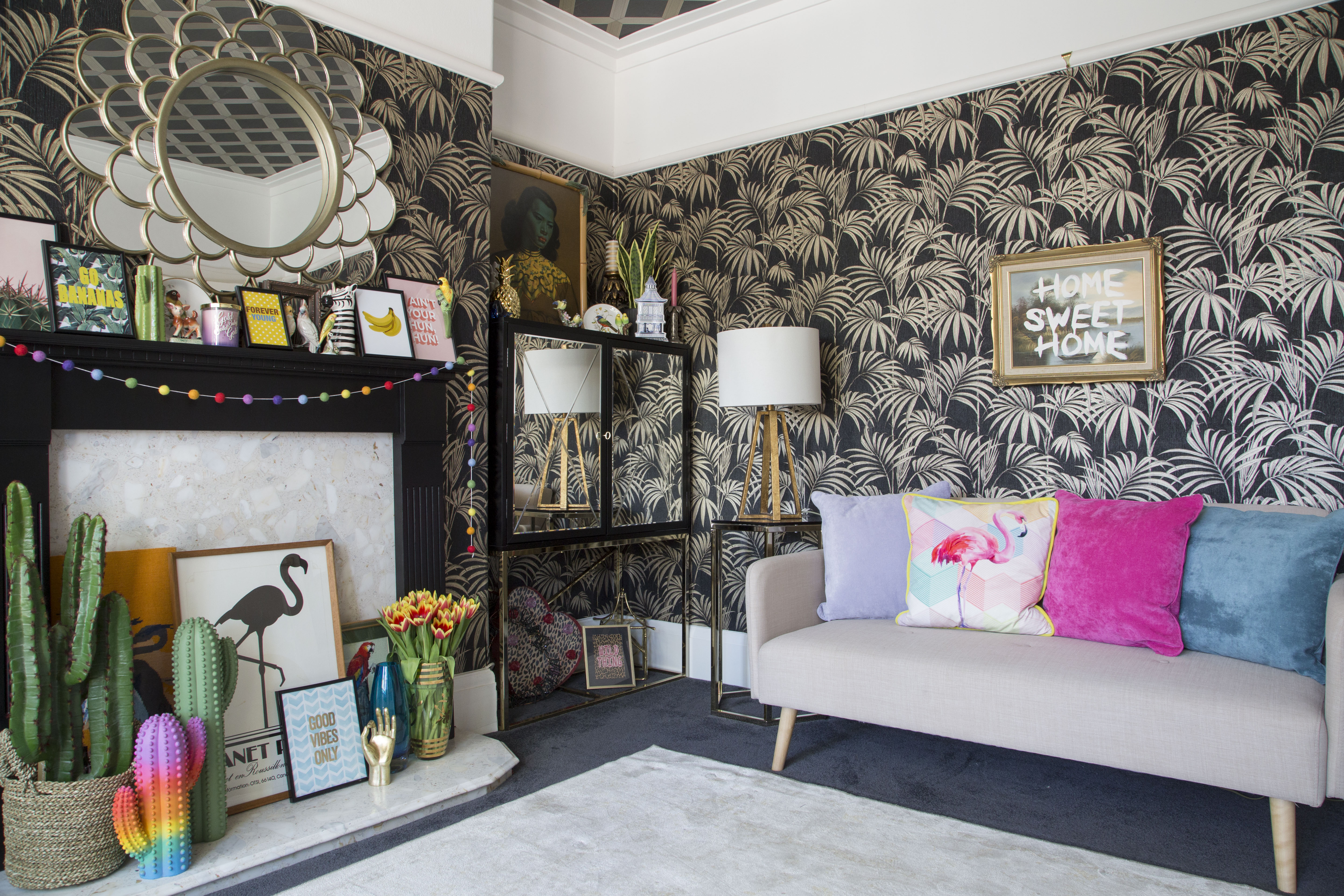 ‘When we took the blown vinyl down we saw that the ceiling wasn’t in a very good condition,’ Kirstie remembers. ‘I was reluctant to replace it as that would’ve meant taking the original coving down, so we repaired and papered it with a dark, patterned design instead. Wallpapering the ceiling was a backbreaking job, but I love the end result’ ‘When we took the blown vinyl down we saw that the ceiling wasn’t in a very good condition,’ Kirstie remembers. ‘I was reluctant to replace it as that would’ve meant taking the original coving down, so we repaired and papered it with a dark, patterned design instead. Wallpapering the ceiling was a backbreaking job, but I love the end result’